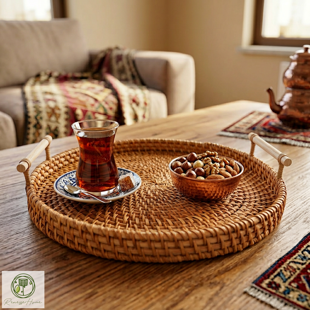 Akra El Yapımı Doğal Rattan Servis Tepsisi – Ahşap Saplı Dekoratif Kahve ve Sunum Tepsisi