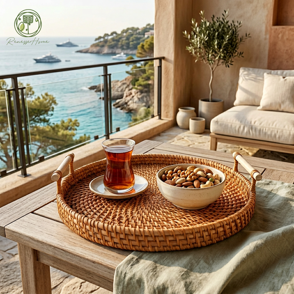 Akra El Yapımı Doğal Rattan Servis Tepsisi – Ahşap Saplı Dekoratif Kahve ve Sunum Tepsisi