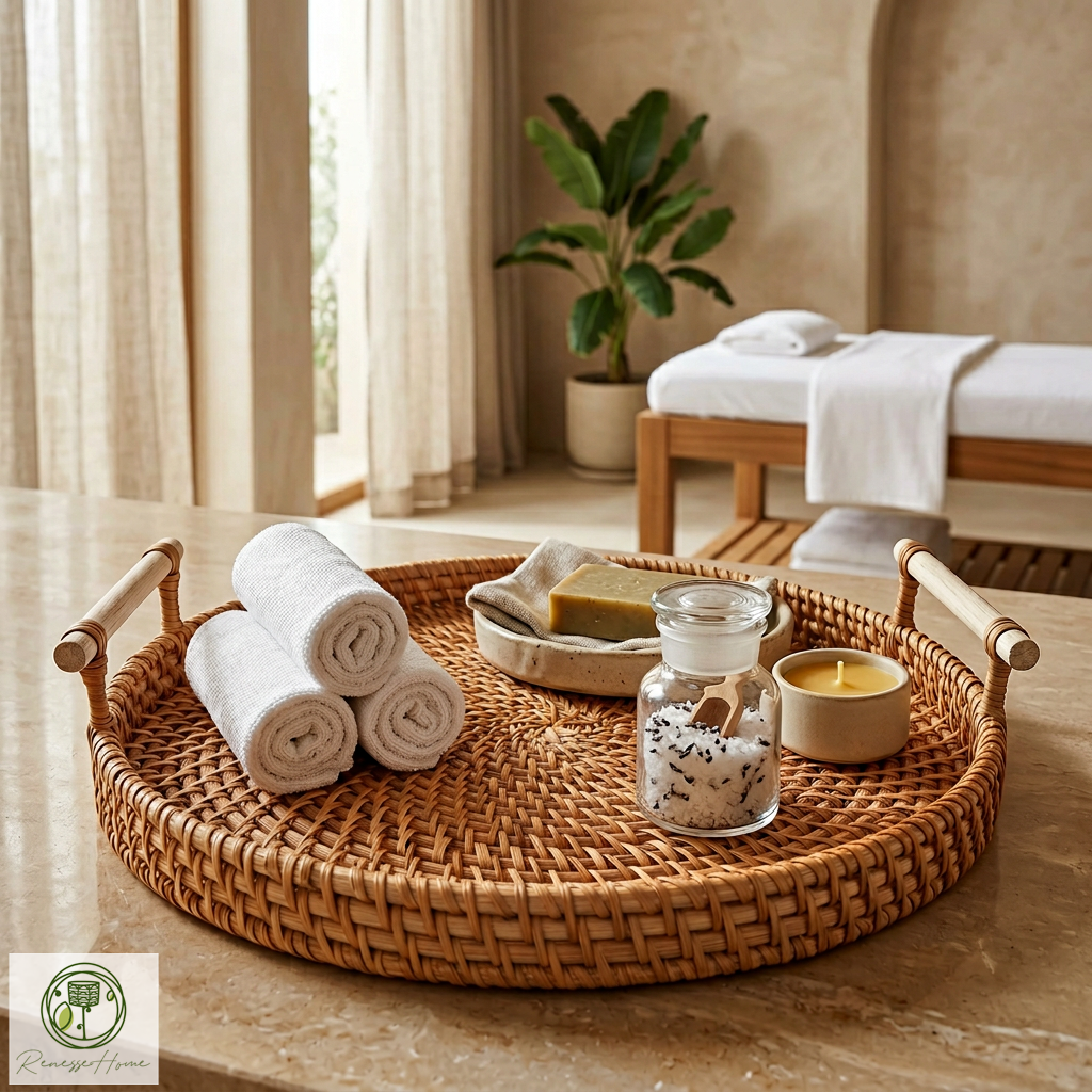 Akra El Yapımı Doğal Rattan Servis Tepsisi – Ahşap Saplı Dekoratif Kahve ve Sunum Tepsisi