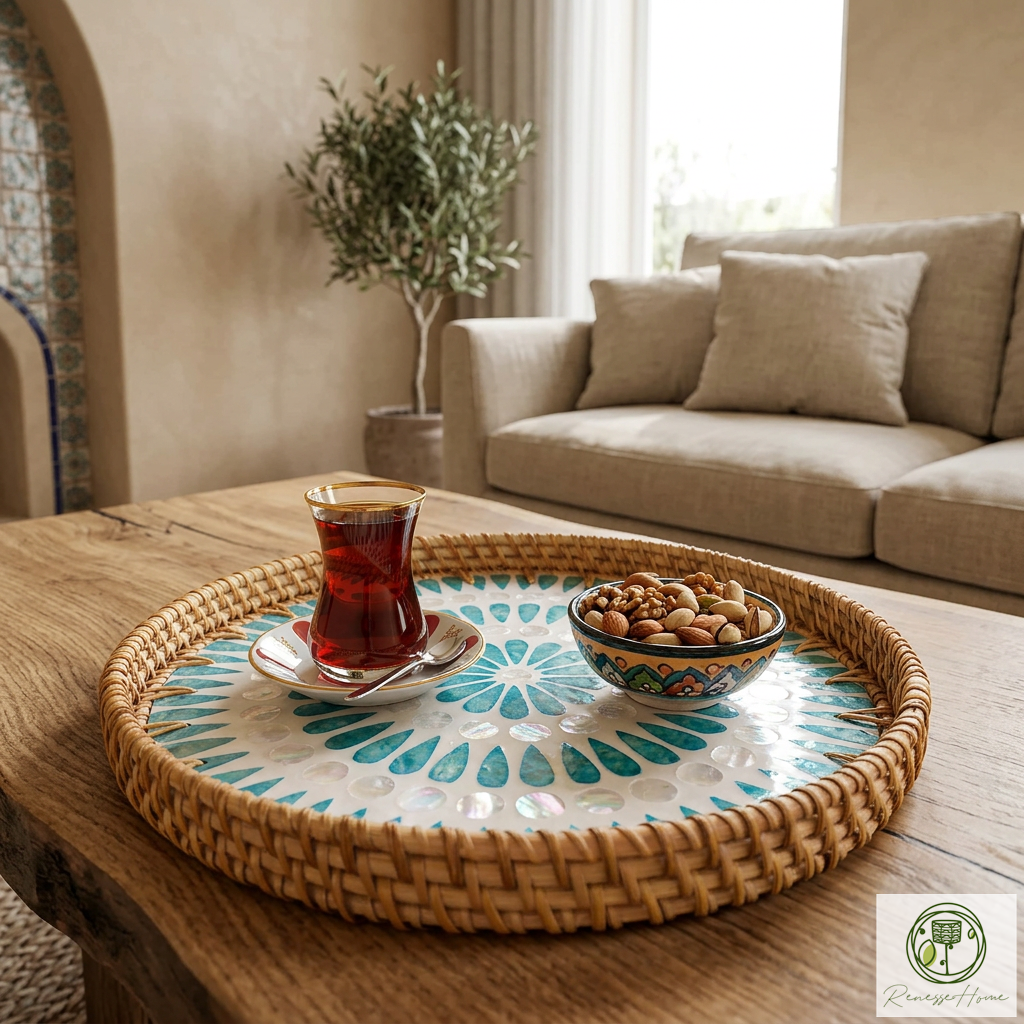 Alya El Yapımı Rattan Tepsi – Doğal Hasır Sunum Tepsisi, Bohem Dekoratif Servis Tepsisi