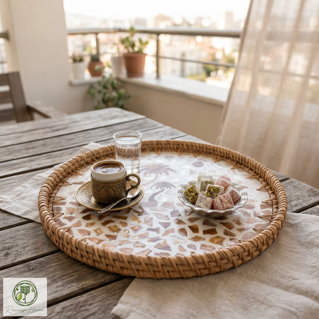 Arus El Yapımı Rattan Tepsi – Doğal Hasır Sunum Tepsisi, Bohem Dekoratif Servis Tepsisi