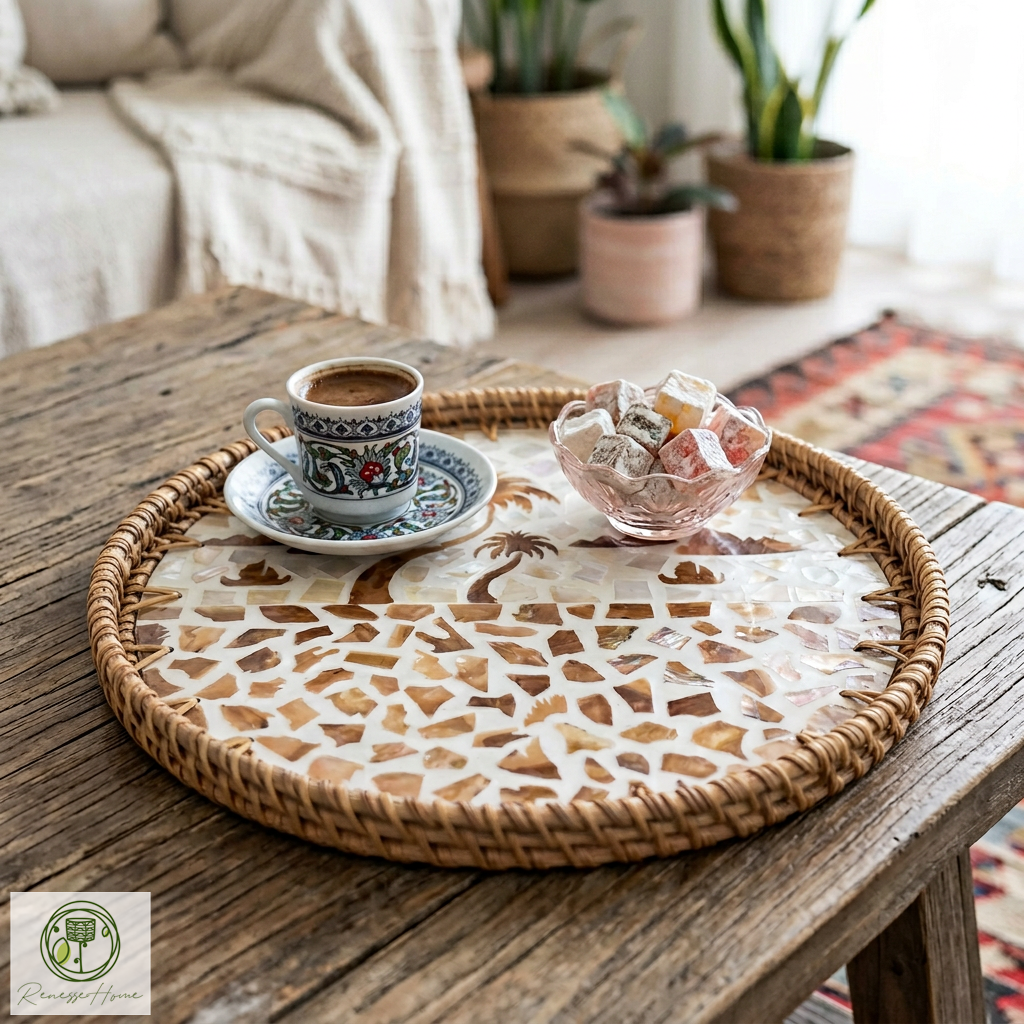 Arus El Yapımı Rattan Tepsi – Doğal Hasır Sunum Tepsisi, Bohem Dekoratif Servis Tepsisi
