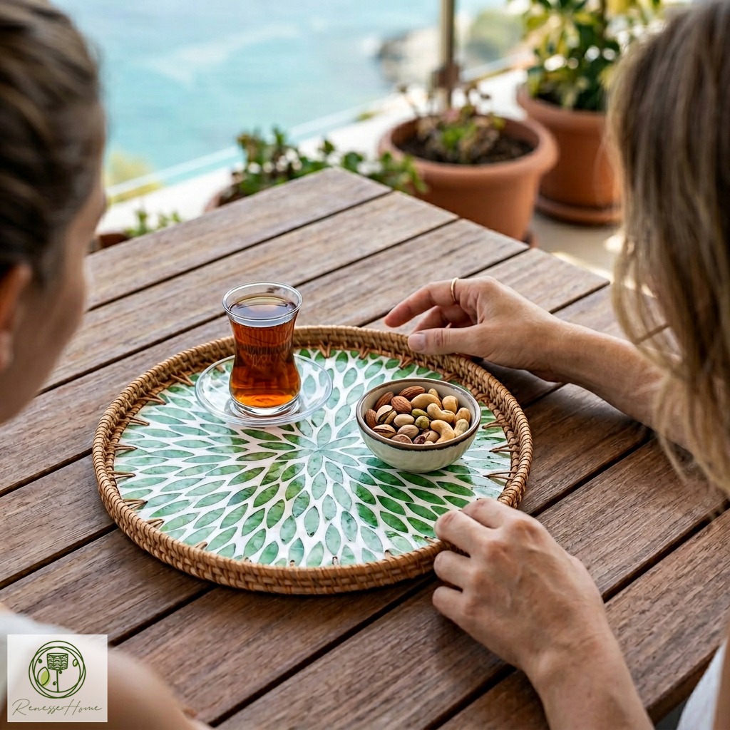 Asuan El Yapımı Rattan Tepsi – Doğal Hasır Sunum Tepsisi, Bohem Dekoratif Servis Tepsisi