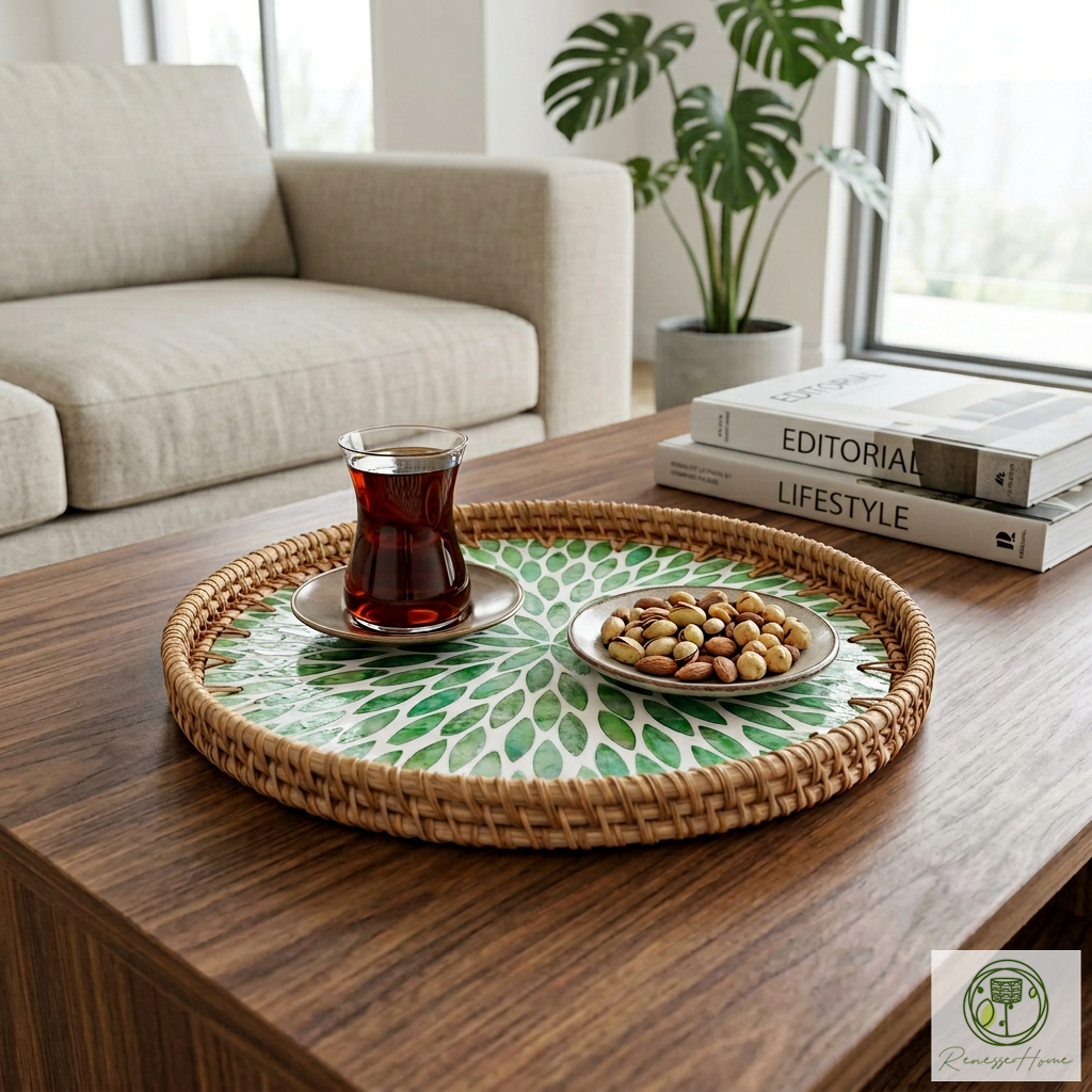 Asuan El Yapımı Rattan Tepsi – Doğal Hasır Sunum Tepsisi, Bohem Dekoratif Servis Tepsisi