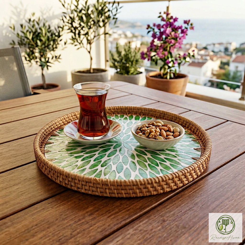 Asuan El Yapımı Rattan Tepsi – Doğal Hasır Sunum Tepsisi, Bohem Dekoratif Servis Tepsisi