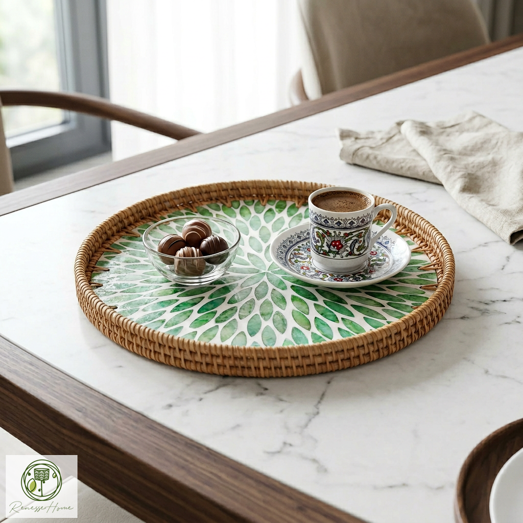 Asuan El Yapımı Rattan Tepsi – Doğal Hasır Sunum Tepsisi, Bohem Dekoratif Servis Tepsisi