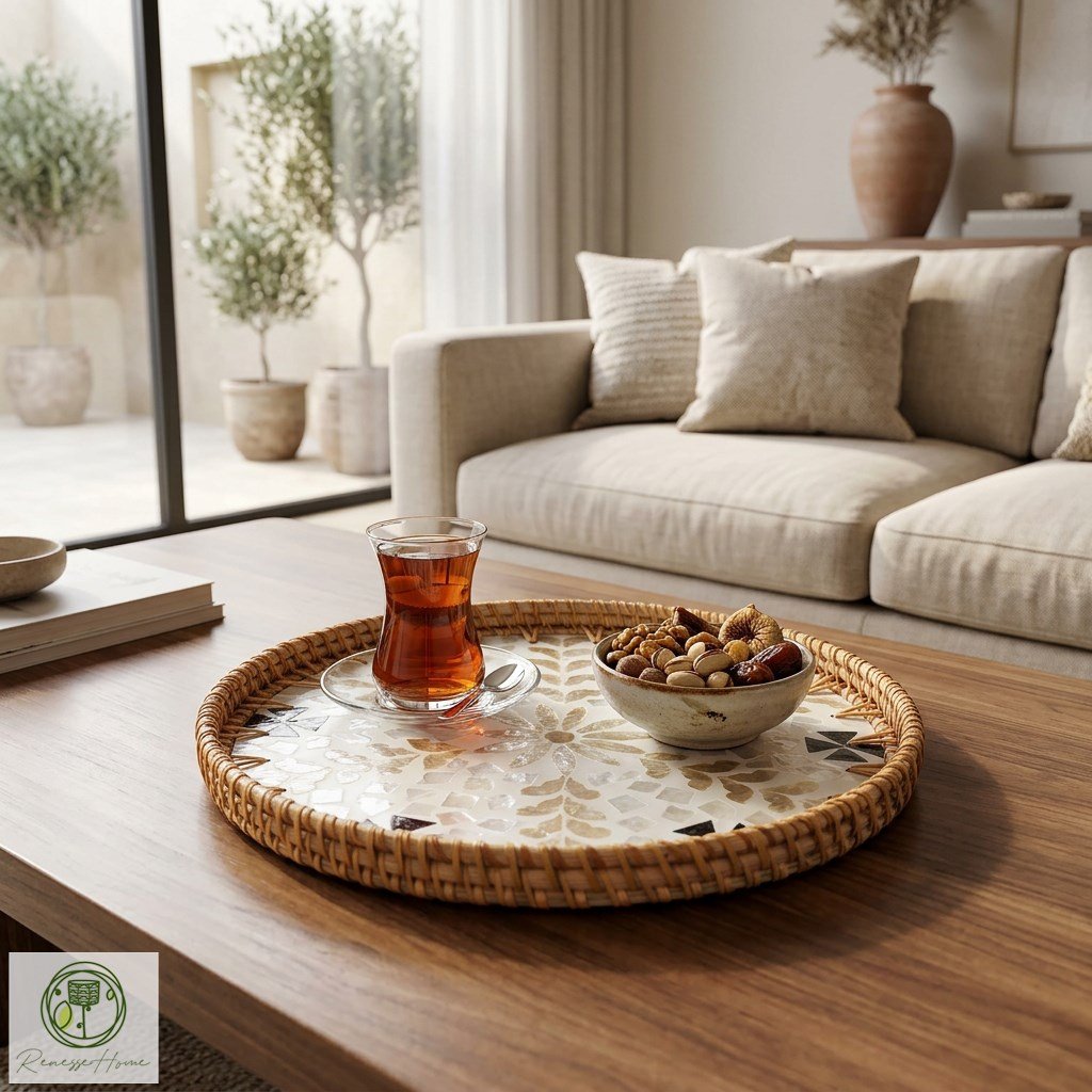 Aswan El Yapımı Rattan Tepsi – Doğal Hasır Sunum Tepsisi, Bohem Dekoratif Servis Tepsisi