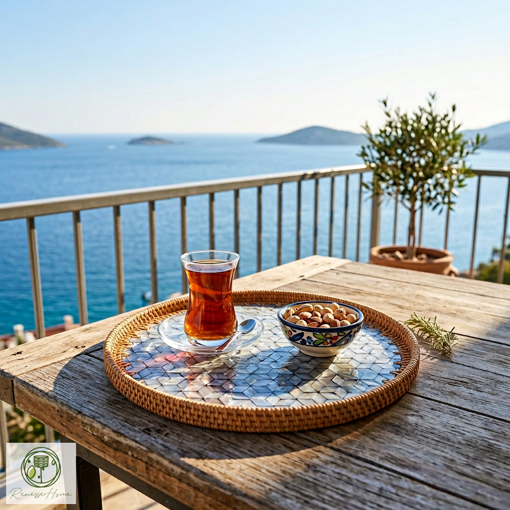 Dowa El Yapımı Sedef Kaplama Doğal Rattan Tepsi 30 cm – Bohem Dekoratif Sunum Tepsisi, Premium Kahve ve Servis Tepsisi