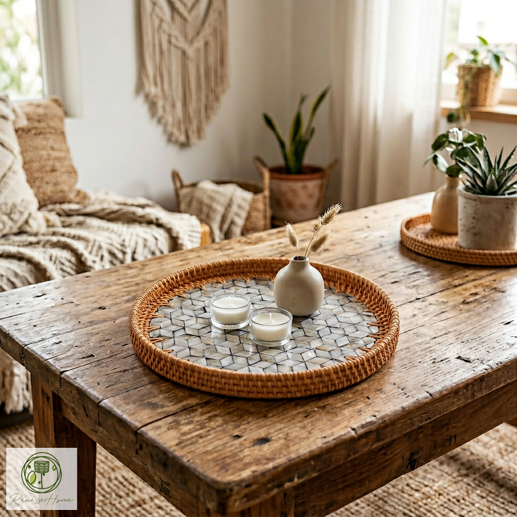 Dowa El Yapımı Sedef Kaplama Doğal Rattan Tepsi 30 cm – Bohem Dekoratif Sunum Tepsisi, Premium Kahve ve Servis Tepsisi