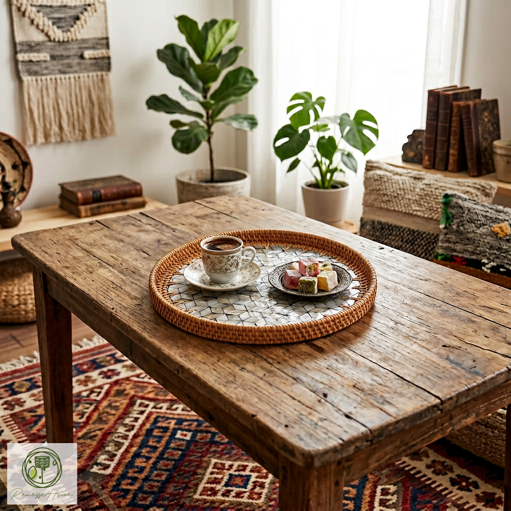 Dowa El Yapımı Sedef Kaplama Doğal Rattan Tepsi 30 cm – Bohem Dekoratif Sunum Tepsisi, Premium Kahve ve Servis Tepsisi