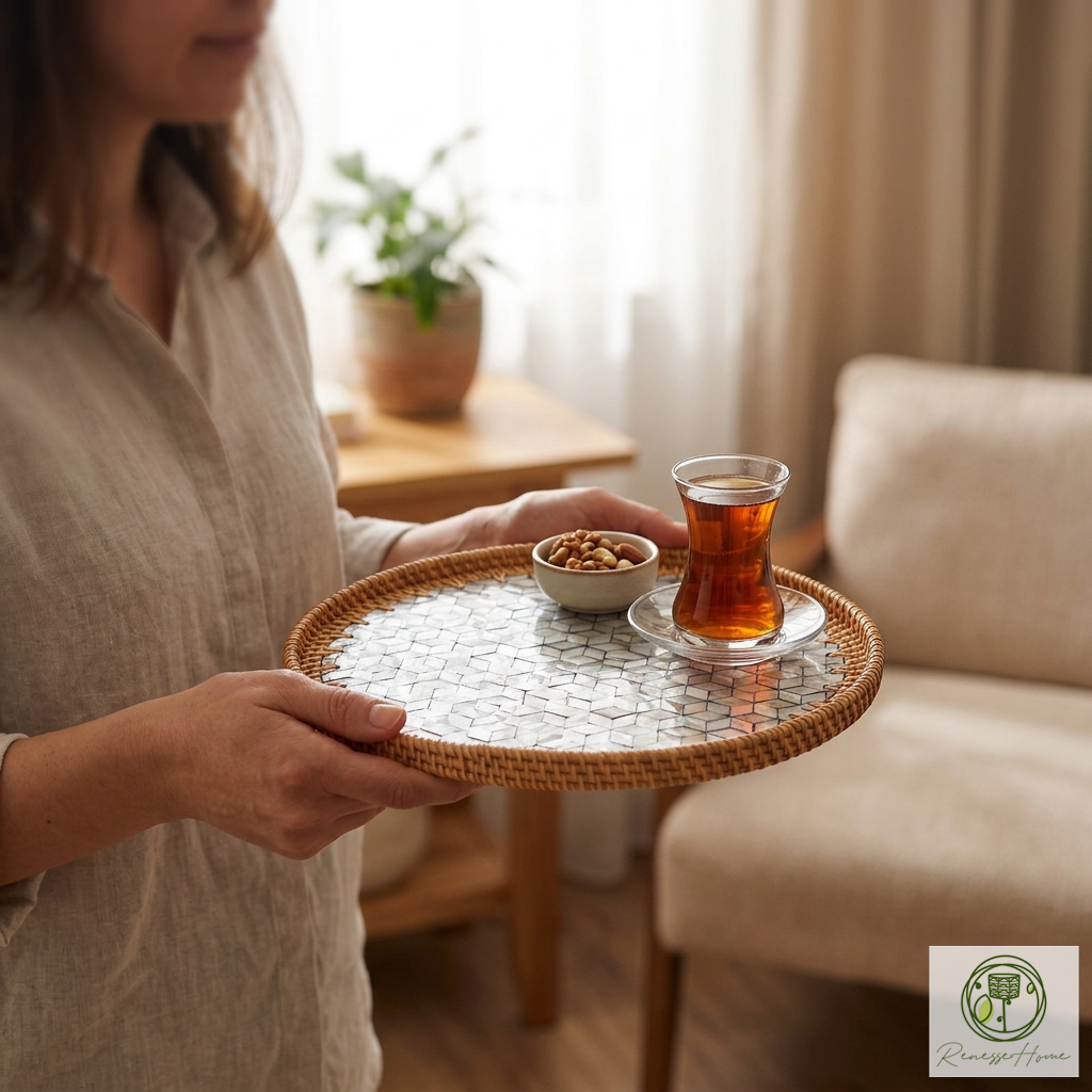 Dowa El Yapımı Sedef Kaplama Doğal Rattan Tepsi 30 cm – Bohem Dekoratif Sunum Tepsisi, Premium Kahve ve Servis Tepsisi