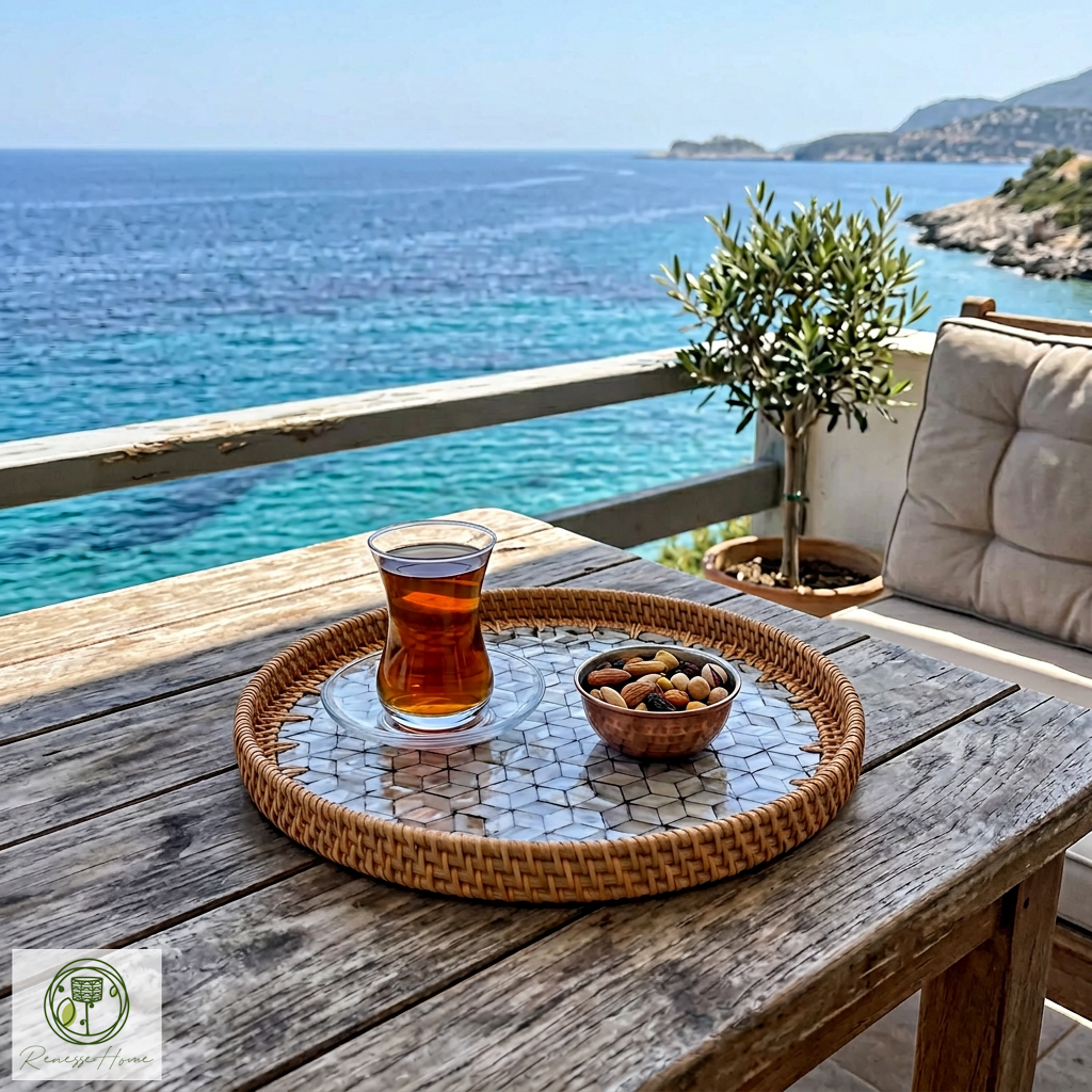 Dowa El Yapımı Sedef Kaplama Doğal Rattan Tepsi 30 cm – Bohem Dekoratif Sunum Tepsisi, Premium Kahve ve Servis Tepsisi