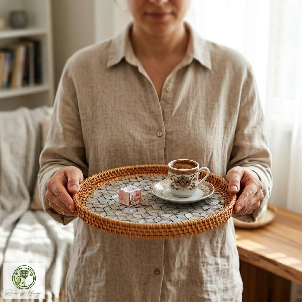 Dowa El Yapımı Sedef Kaplama Doğal Rattan Tepsi 30 cm – Bohem Dekoratif Sunum Tepsisi, Premium Kahve ve Servis Tepsisi