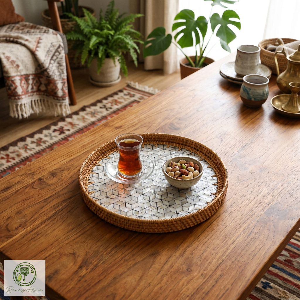 Dowa El Yapımı Sedef Kaplama Doğal Rattan Tepsi 30 cm – Bohem Dekoratif Sunum Tepsisi, Premium Kahve ve Servis Tepsisi