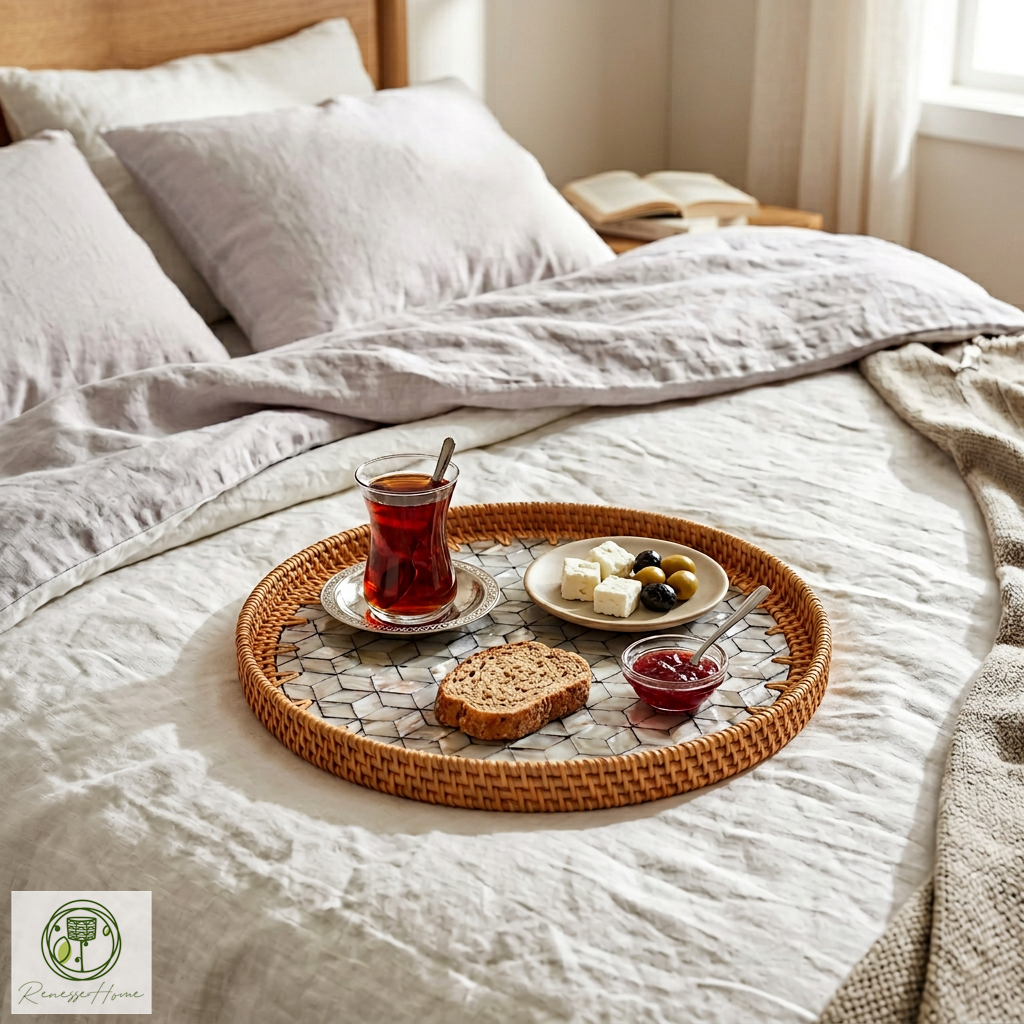 Dowa El Yapımı Sedef Kaplama Doğal Rattan Tepsi 30 cm – Bohem Dekoratif Sunum Tepsisi, Premium Kahve ve Servis Tepsisi