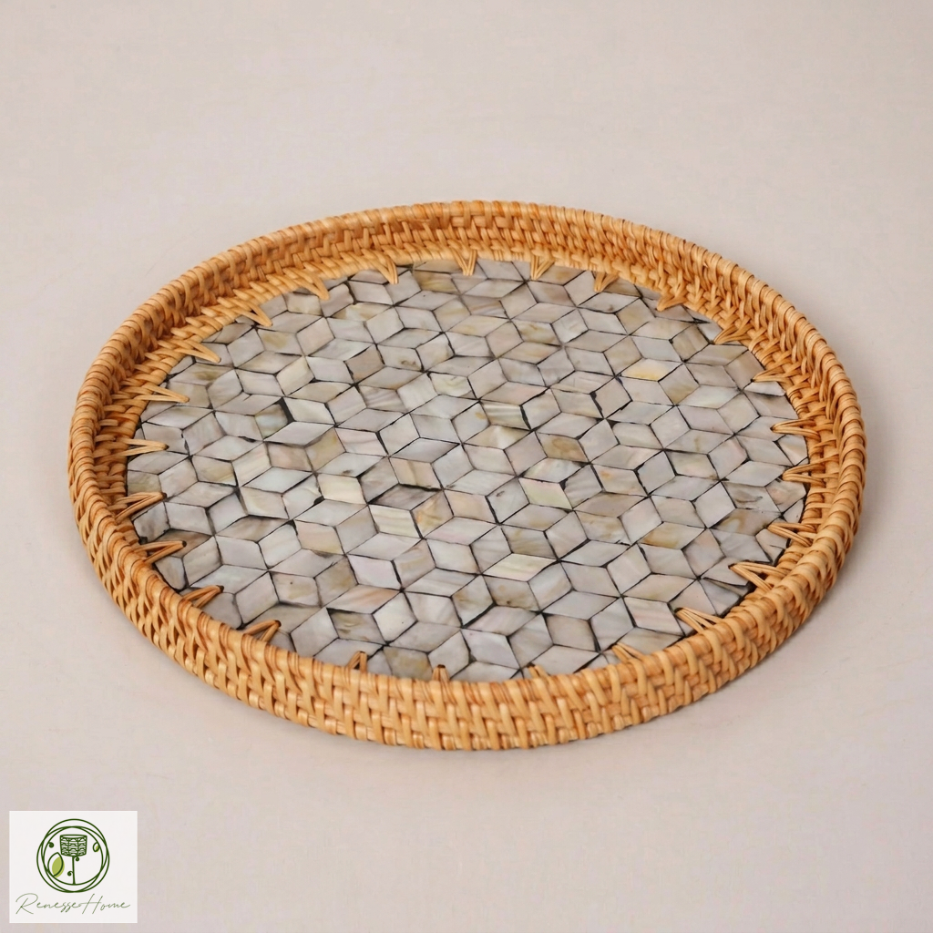 Dowa El Yapımı Sedef Kaplama Doğal Rattan Tepsi 30 cm – Bohem Dekoratif Sunum Tepsisi, Premium Kahve ve Servis Tepsisi