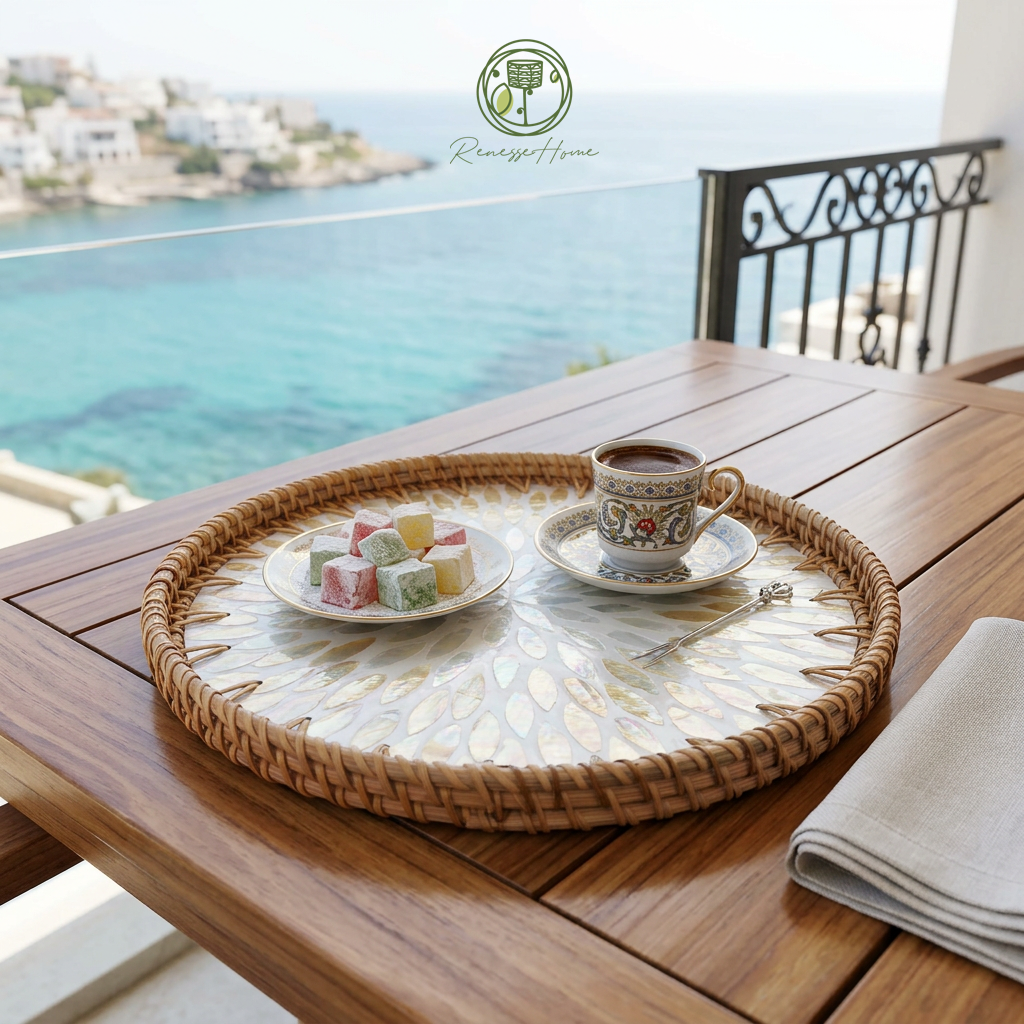 Kahire El Yapımı Rattan Tepsi – Doğal Hasır Sunum Tepsisi, Bohem Dekoratif Servis Tepsisi