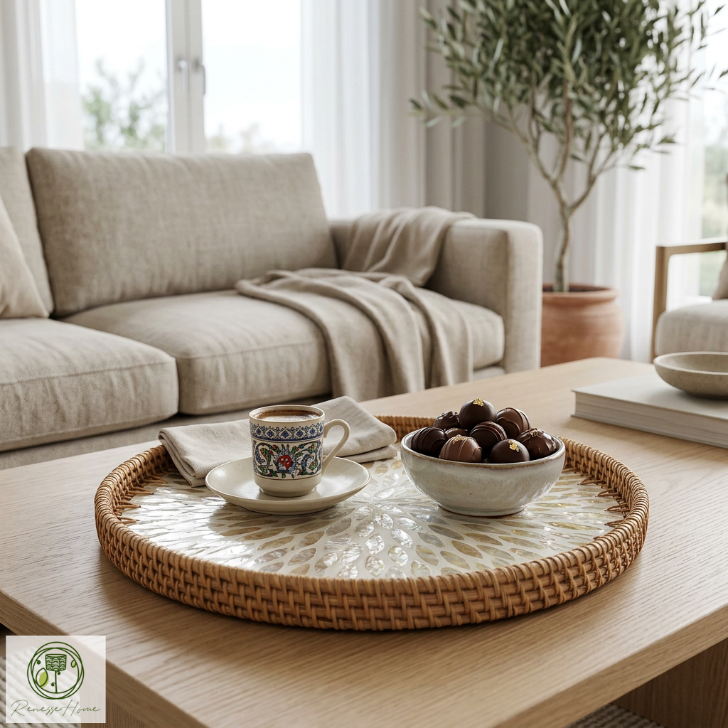 Kahire El Yapımı Rattan Tepsi – Doğal Hasır Sunum Tepsisi, Bohem Dekoratif Servis Tepsisi