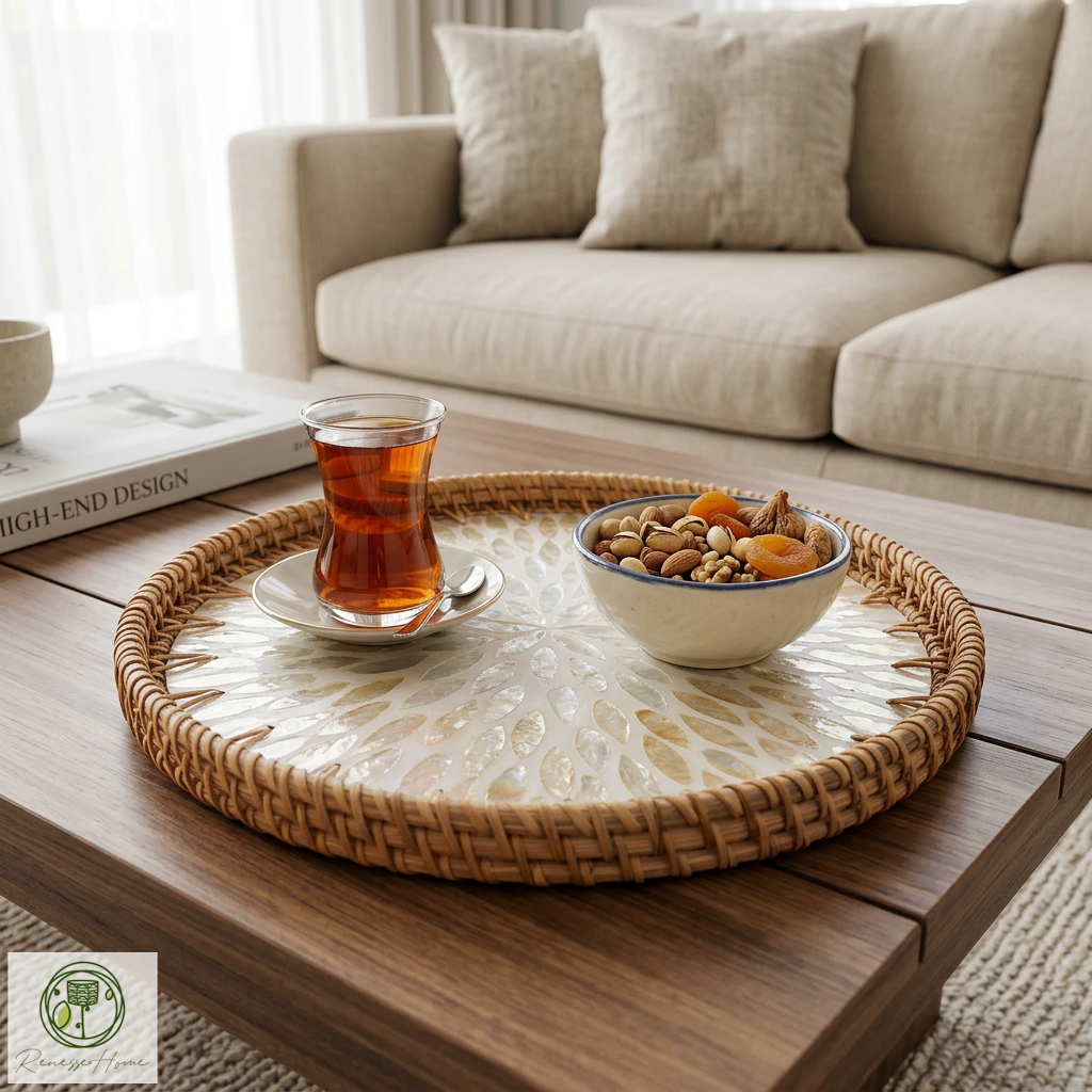 Kahire El Yapımı Rattan Tepsi – Doğal Hasır Sunum Tepsisi, Bohem Dekoratif Servis Tepsisi