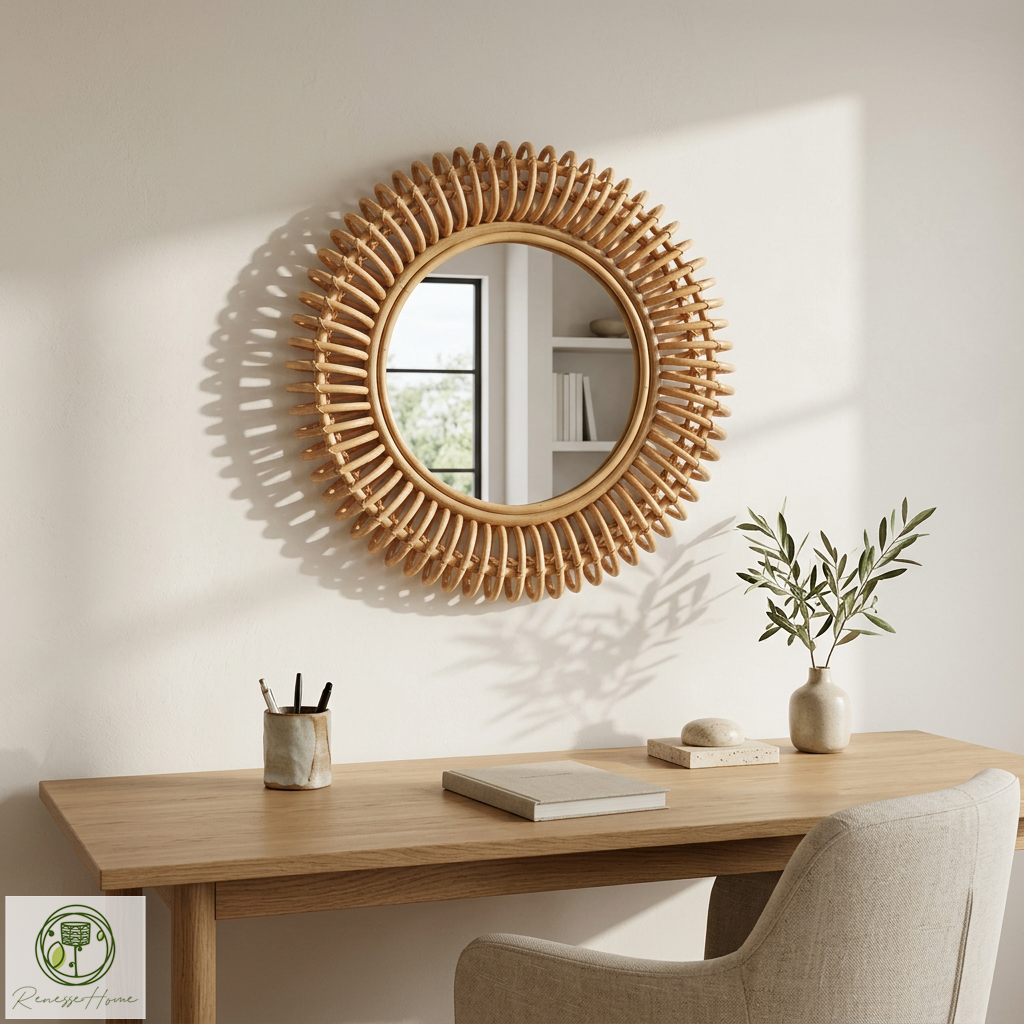 Layun El Yapımı Premium Rattan Duvar Aynası – 60 cm Doğal Bohem Dekor