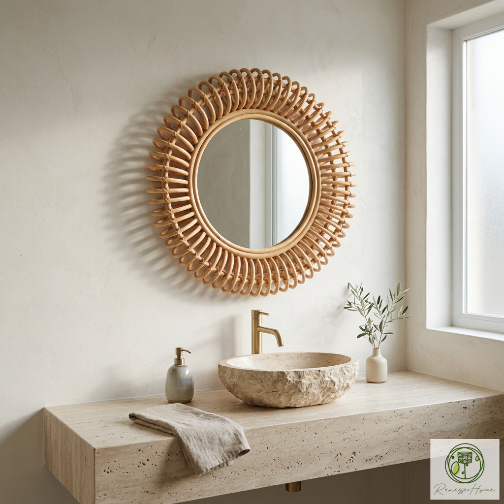 Layun El Yapımı Premium Rattan Duvar Aynası – 60 cm Doğal Bohem Dekor