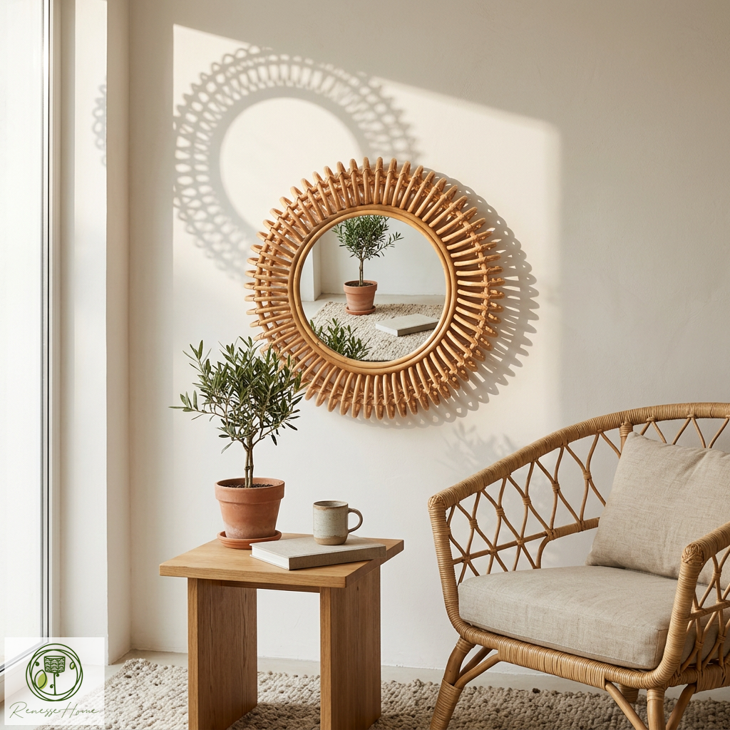 Layun El Yapımı Premium Rattan Duvar Aynası – 60 cm Doğal Bohem Dekor