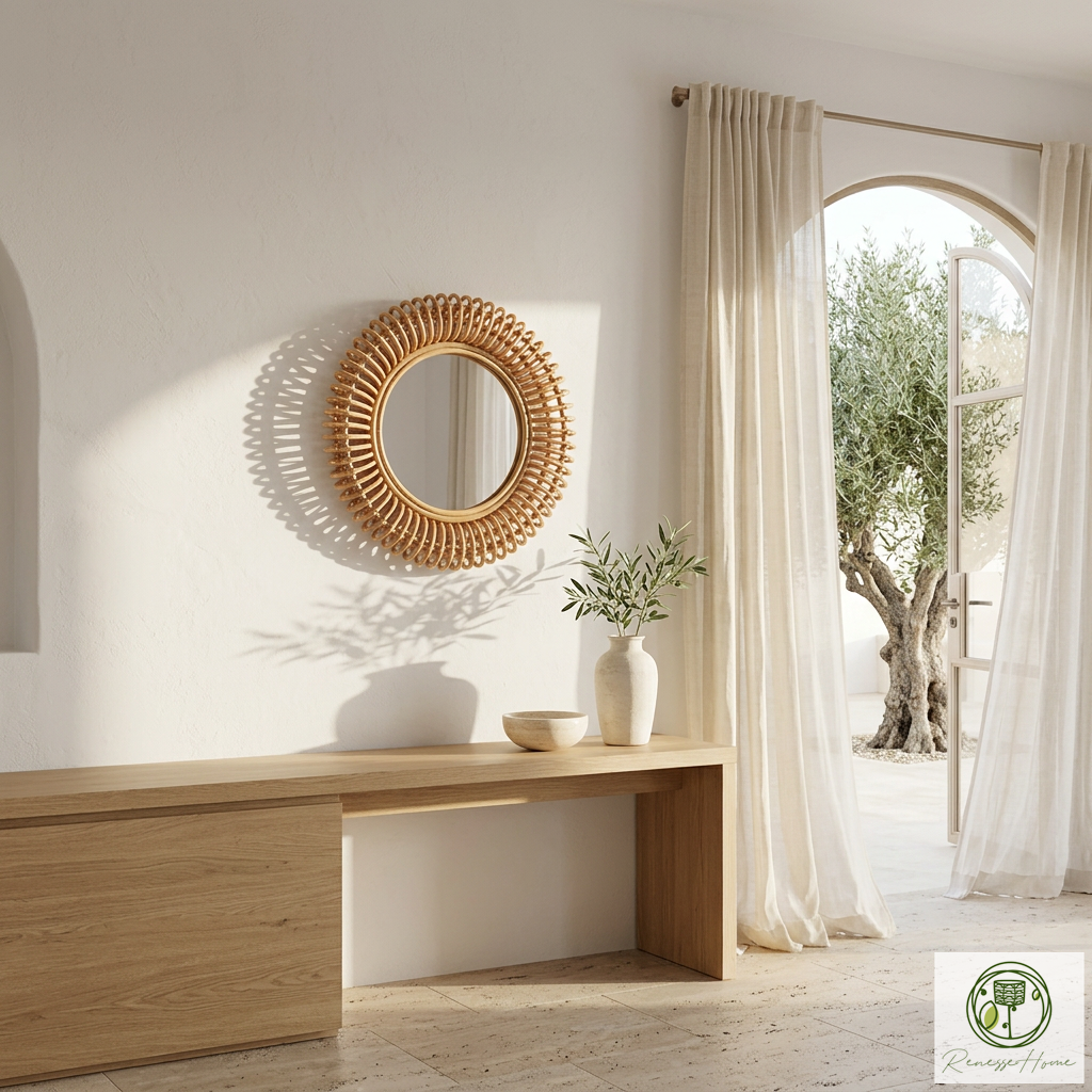 Layun El Yapımı Premium Rattan Duvar Aynası – 60 cm Doğal Bohem Dekor
