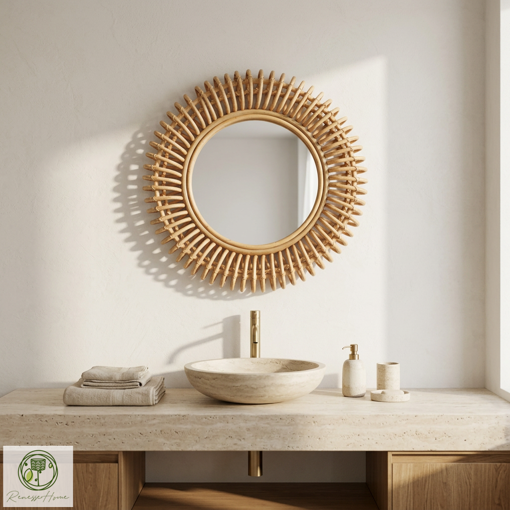Layun El Yapımı Premium Rattan Duvar Aynası – 60 cm Doğal Bohem Dekor