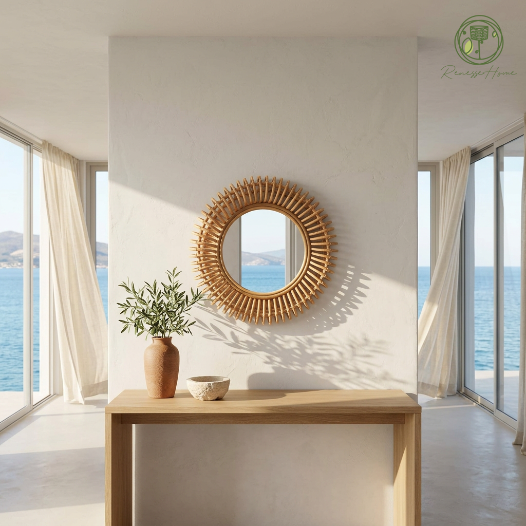 Layun El Yapımı Premium Rattan Duvar Aynası – 60 cm Doğal Bohem Dekor