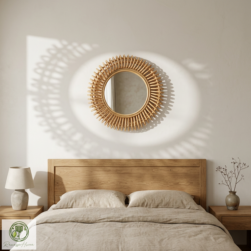 Layun El Yapımı Premium Rattan Duvar Aynası – 60 cm Doğal Bohem Dekor