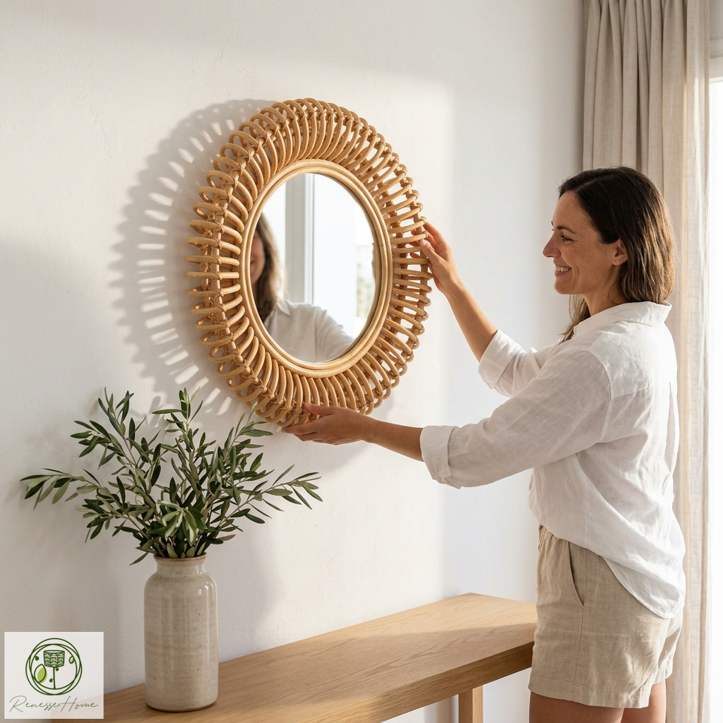 Layun El Yapımı Premium Rattan Duvar Aynası – 60 cm Doğal Bohem Dekor