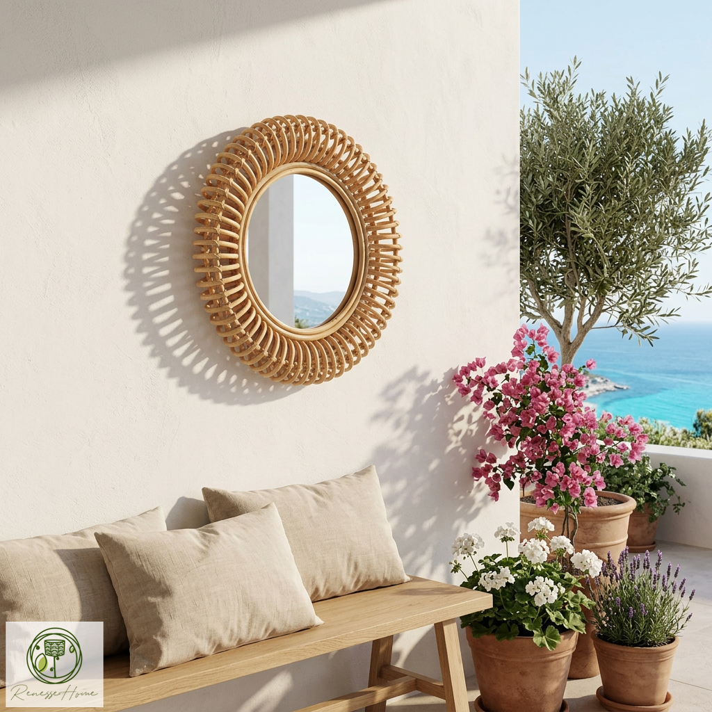 Layun El Yapımı Premium Rattan Duvar Aynası – 60 cm Doğal Bohem Dekor