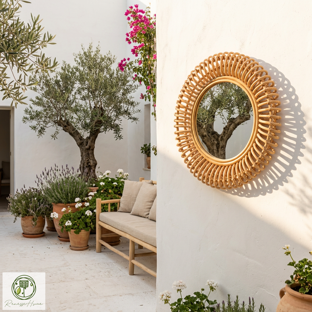 Layun El Yapımı Premium Rattan Duvar Aynası – 60 cm Doğal Bohem Dekor