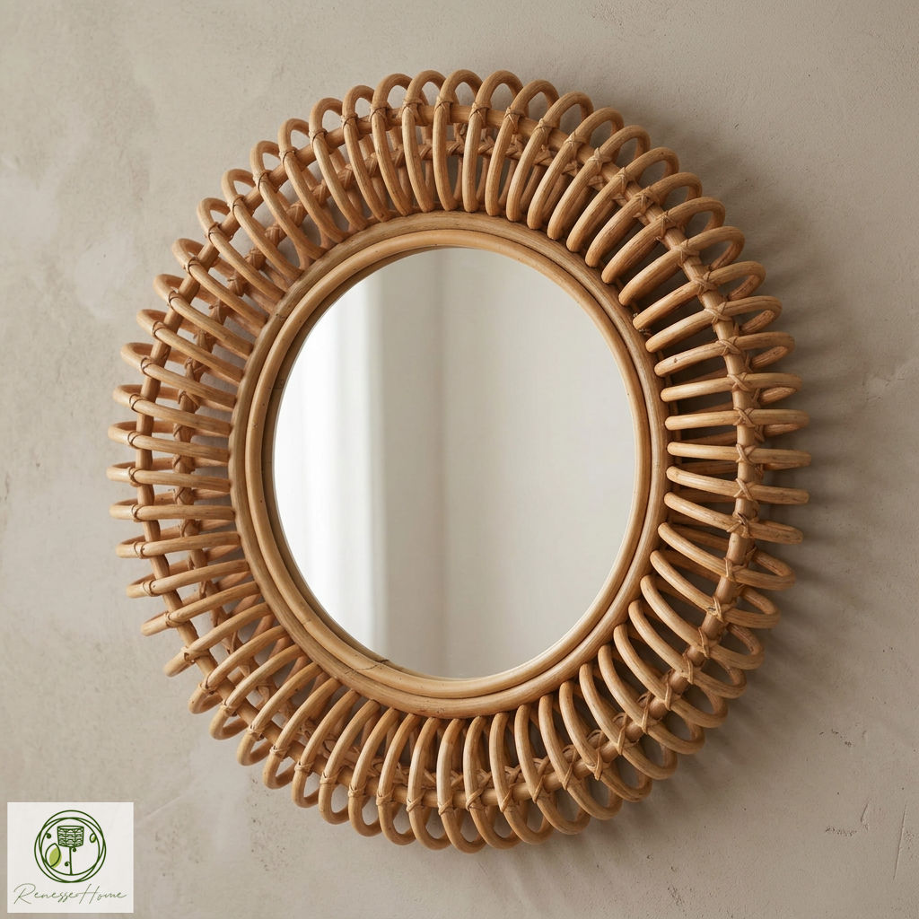 Layun El Yapımı Premium Rattan Duvar Aynası – 60 cm Doğal Bohem Dekor