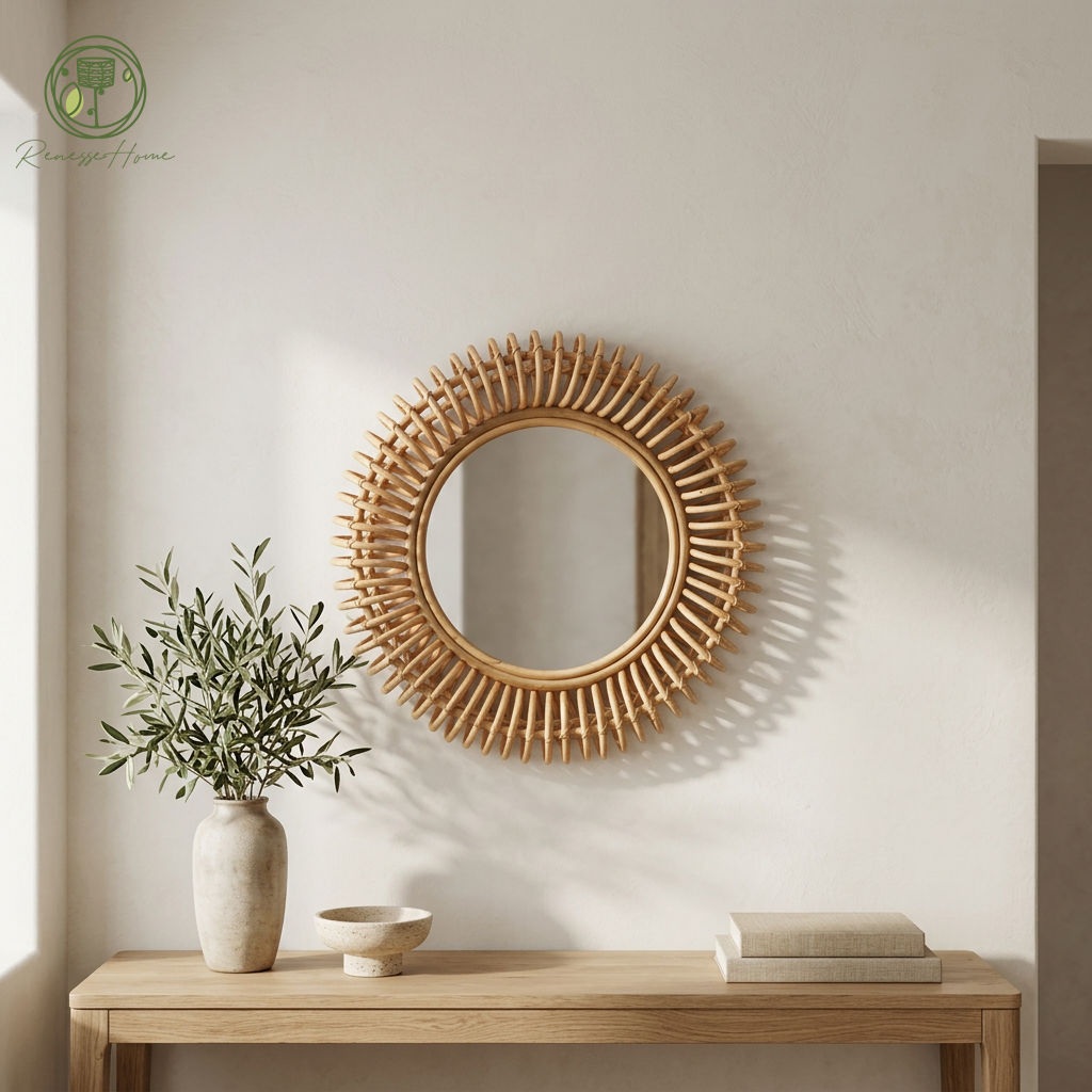 Layun El Yapımı Premium Rattan Duvar Aynası – 60 cm Doğal Bohem Dekor