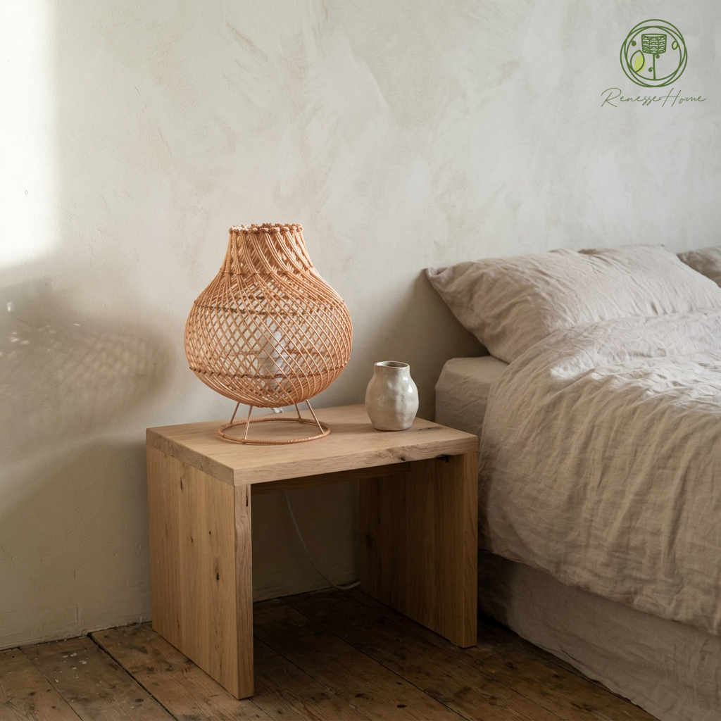 Ruwa El Yapımı Rattan Masa Lambası – Doğal Rattan Abajur Bohem Dekoratif Gece Lambası