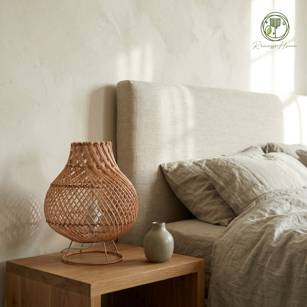 Ruwa El Yapımı Rattan Masa Lambası – Doğal Rattan Abajur Bohem Dekoratif Gece Lambası