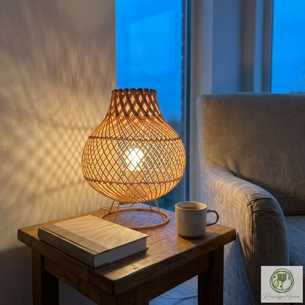 Ruwa El Yapımı Rattan Masa Lambası – Doğal Rattan Abajur Bohem Dekoratif Gece Lambası