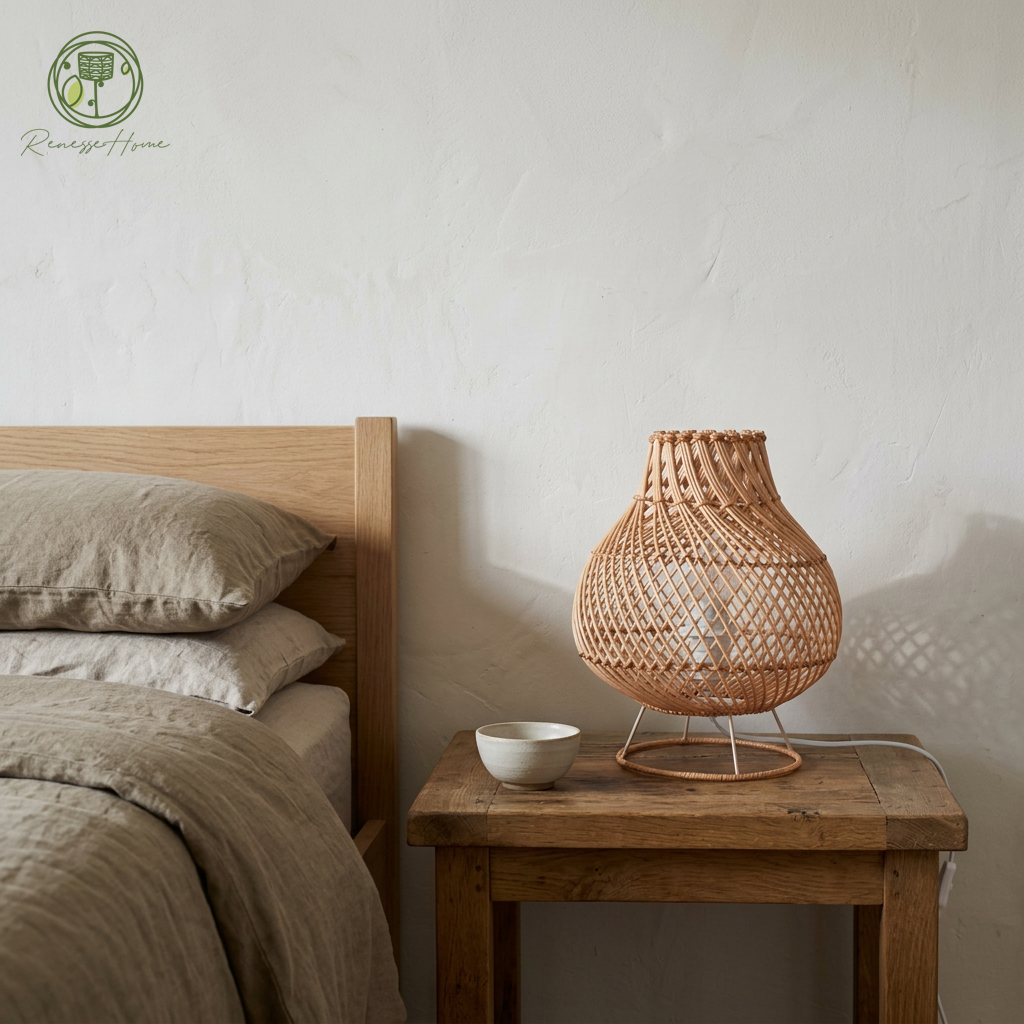 Ruwa El Yapımı Rattan Masa Lambası – Doğal Rattan Abajur Bohem Dekoratif Gece Lambası