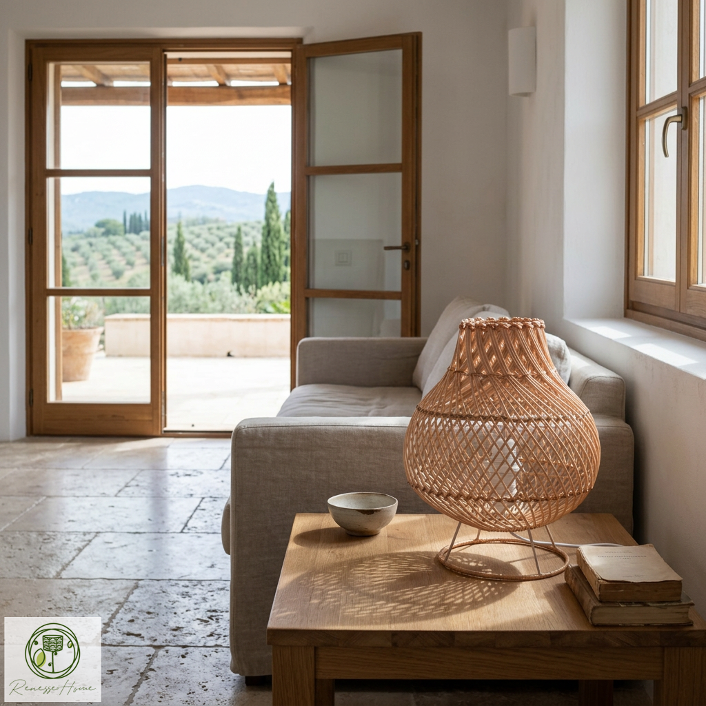 Ruwa El Yapımı Rattan Masa Lambası – Doğal Rattan Abajur Bohem Dekoratif Gece Lambası