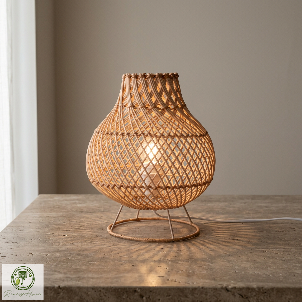 Ruwa El Yapımı Rattan Masa Lambası – Doğal Rattan Abajur Bohem Dekoratif Gece Lambası