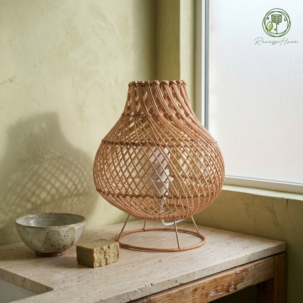 Ruwa El Yapımı Rattan Masa Lambası – Doğal Rattan Abajur Bohem Dekoratif Gece Lambası