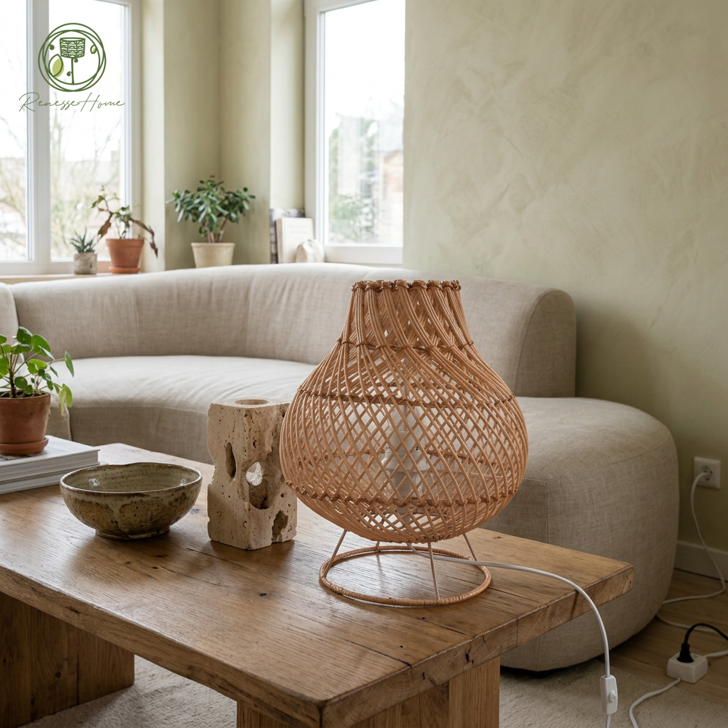 Ruwa El Yapımı Rattan Masa Lambası – Doğal Rattan Abajur Bohem Dekoratif Gece Lambası
