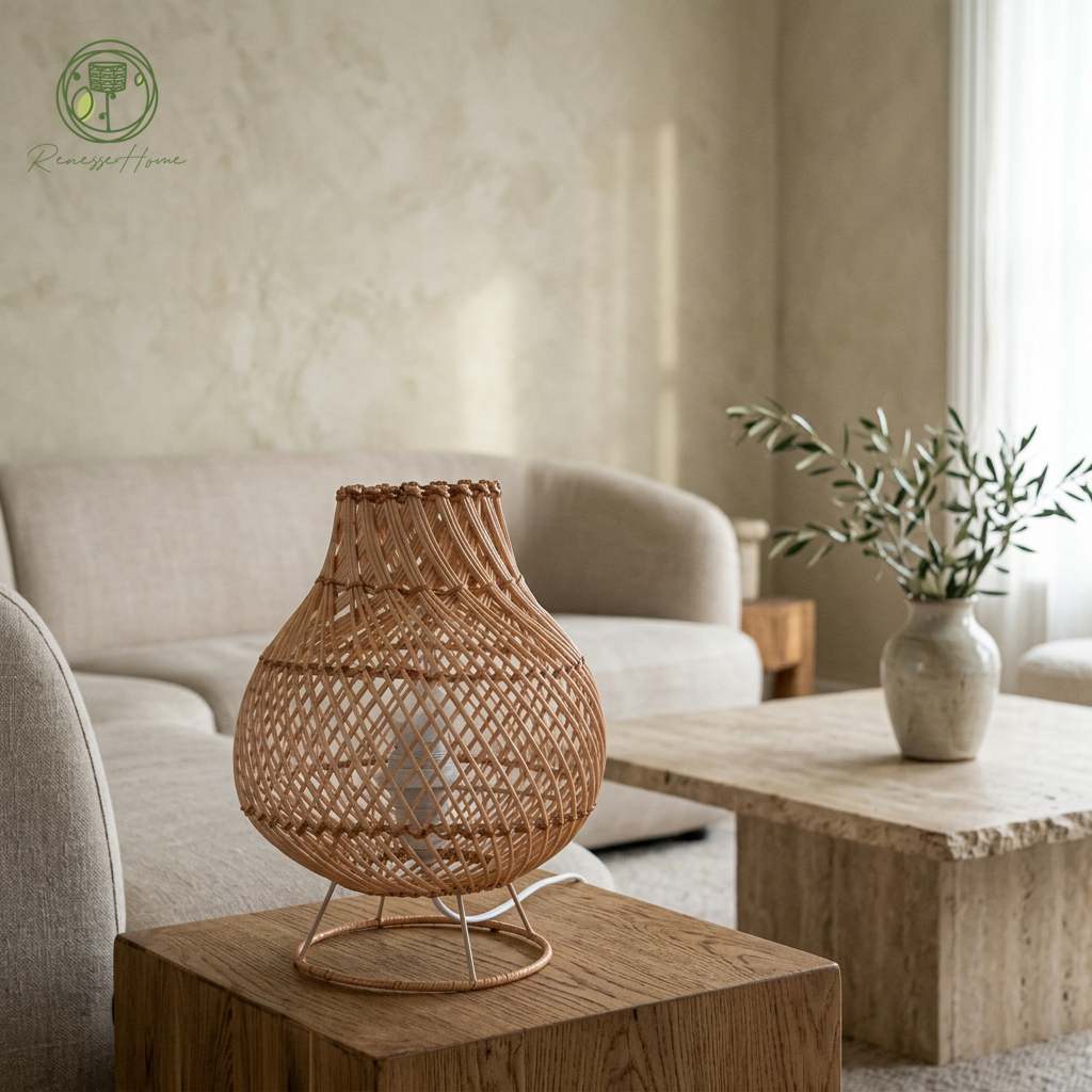Ruwa El Yapımı Rattan Masa Lambası – Doğal Rattan Abajur Bohem Dekoratif Gece Lambası