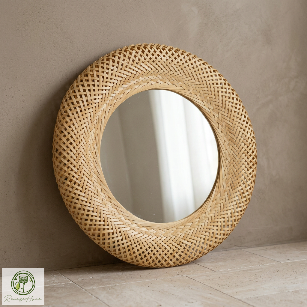 Setra El Yapımı Doğal Bambu Duvar Aynası 60 cm – Dekoratif Bohem Yuvarlak Ayna