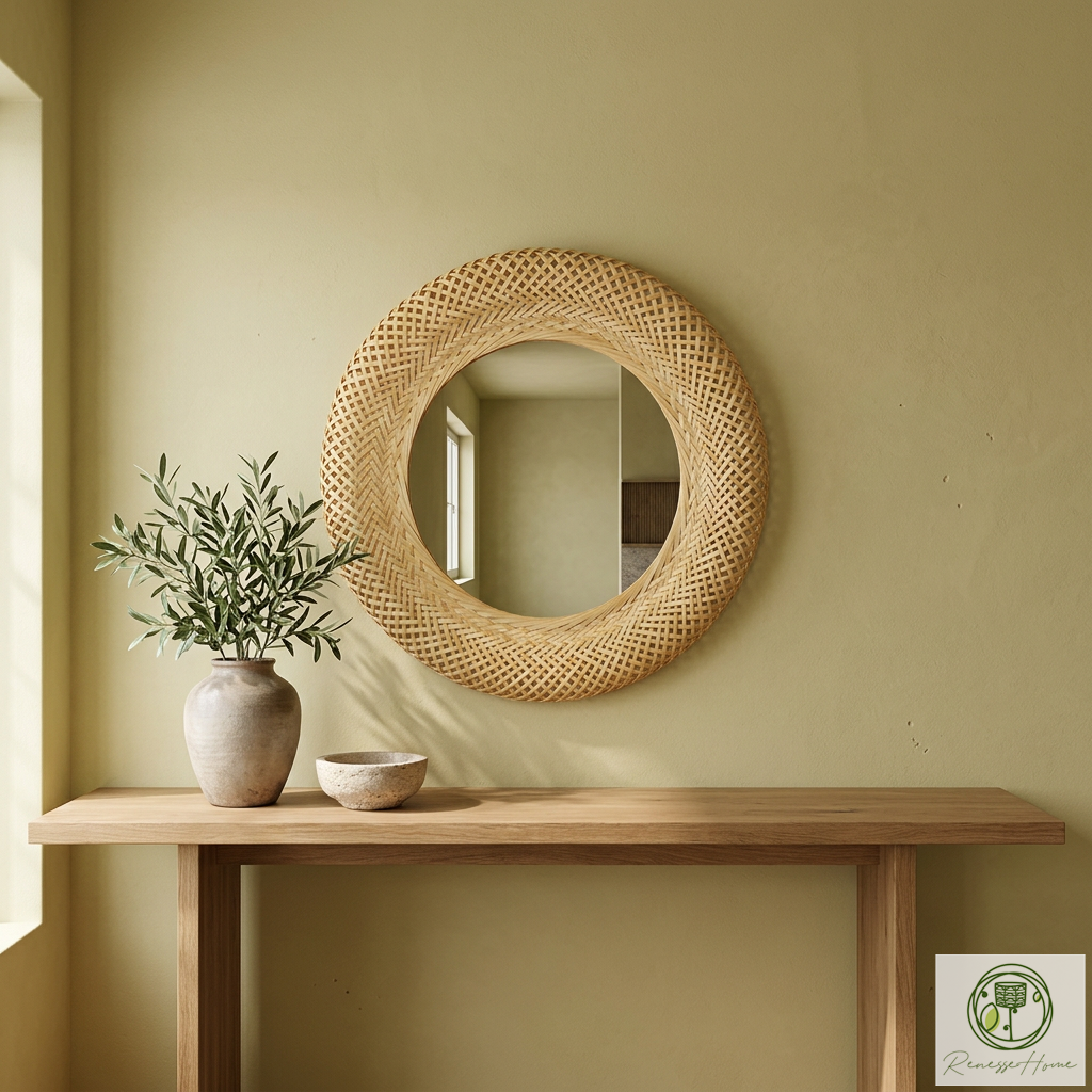 Setra El Yapımı Doğal Bambu Duvar Aynası 60 cm – Dekoratif Bohem Yuvarlak Ayna
