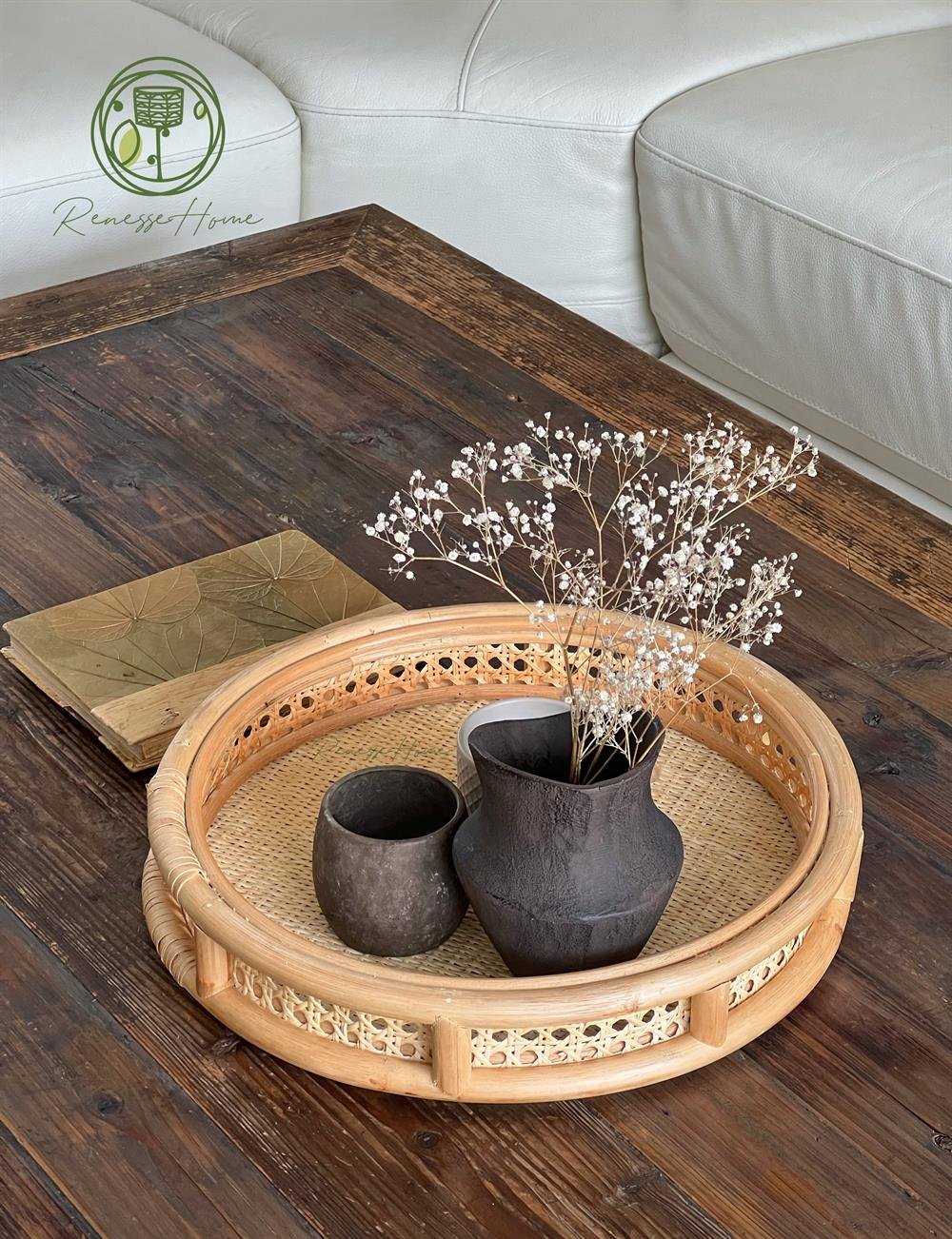 Trablus El Yapımı Hazeranlı Rattan Tepsi 