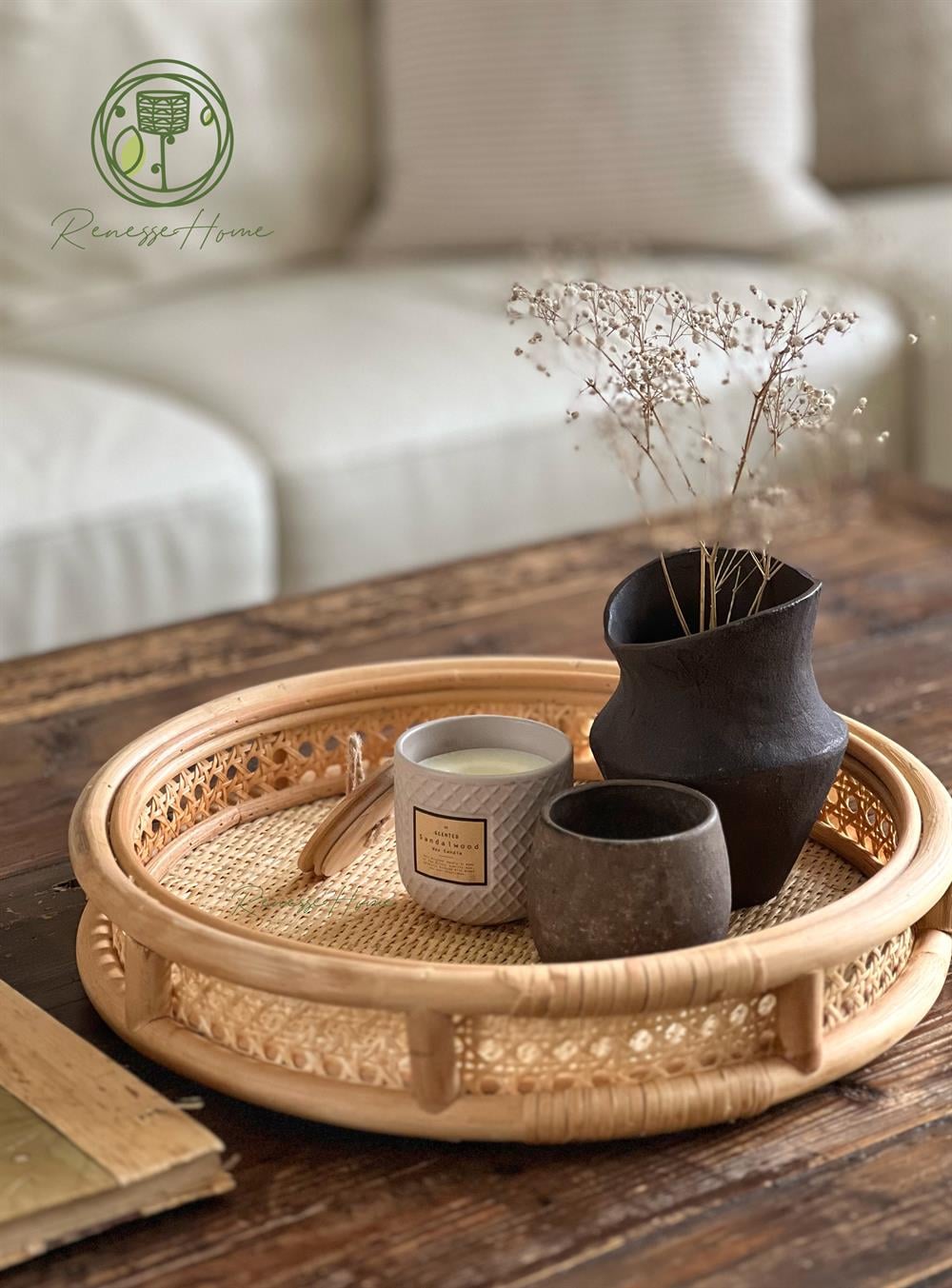 Trablus El Yapımı Hazeranlı Rattan Tepsi 