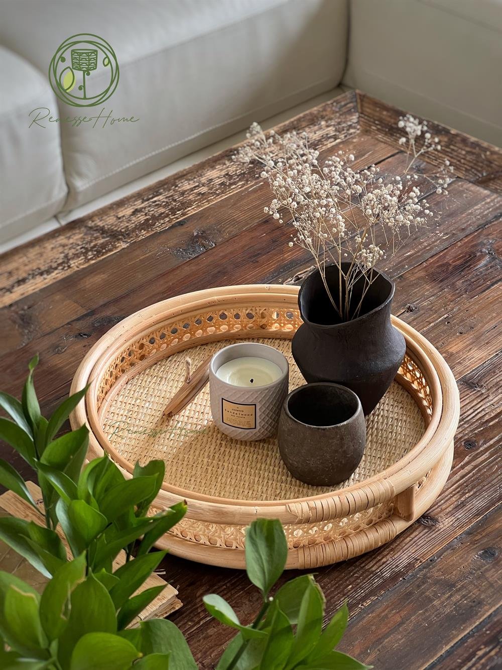 Trablus El Yapımı Hazeranlı Rattan Tepsi 