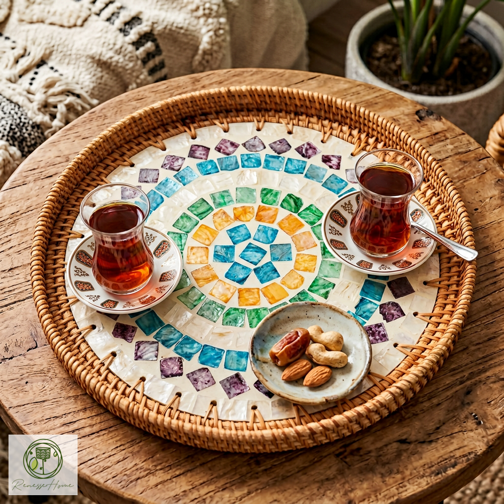 Tunus El Yapımı Rattan Tepsi – Doğal Hasır Sunum Tepsisi, Bohem Dekoratif Servis Tepsisi